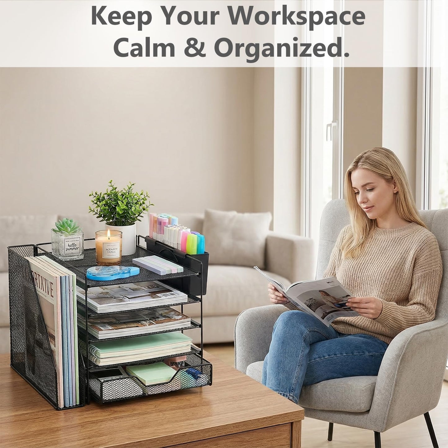 Gugsey Desk Organizers and Accessories, 5-Tier Paper Letter Tray Organizer with File Holder, Drawer & Pen Holder, Office Desk Accessories, Desktop Organizer for Classroom Office Supplies, Black
