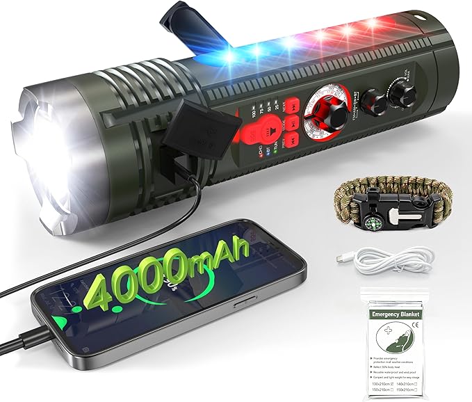 Emergency Crank Radio with AM/FM/SW, Portable Flashlight Radio | Bluetooth Speaker,Warning Light,Reading Lamp,SOS Alarm,with Emegrency Bracelet,Thermal Blanket