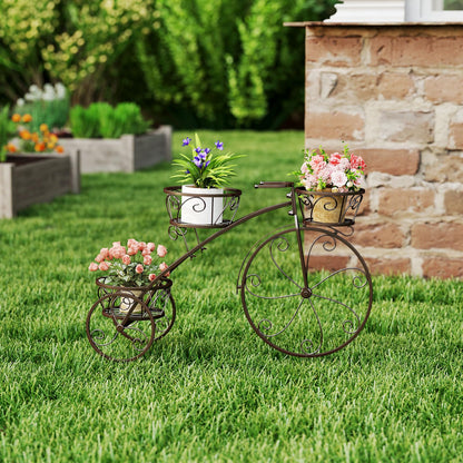 Toolsempire Tricycle Plant Stand, 3-Tier Metal Plant Stand Bicycle Flower Pot Cart with Hollowed Baskets, Planter Potted Holder for Patio, Garden, Deck, Lawn (Bronze)