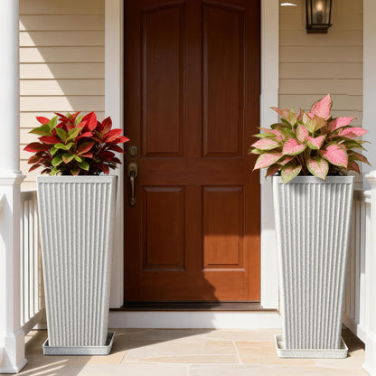 Diyfire Tapered Tall Planters for Outdoor Plants 2 Pack- 23.6 Inch Heavy-Duty Classic Square Indoor Flower Pots with Drainage Holes/Partition/Tray, Large Outdoor Planters for Porch Patio, White