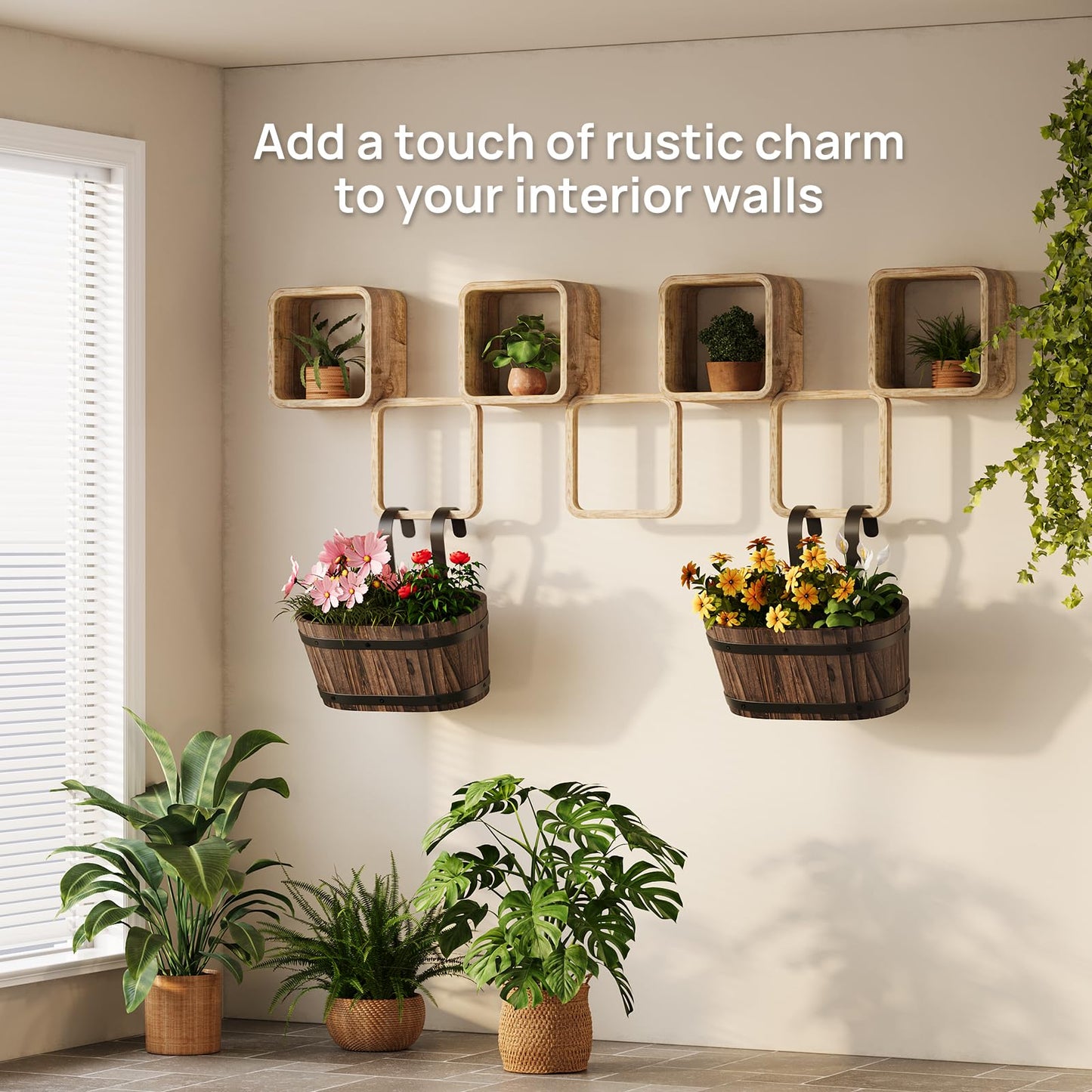 2PACK Wood Cute Railing Planter Box Wooden Hanging Flower Pots for Railing Fence Outdoor Plants Wall Planters Window Flower Box Hanging Bucket Pots Countryside plant Holder (Carbonized,2pcs,Small)