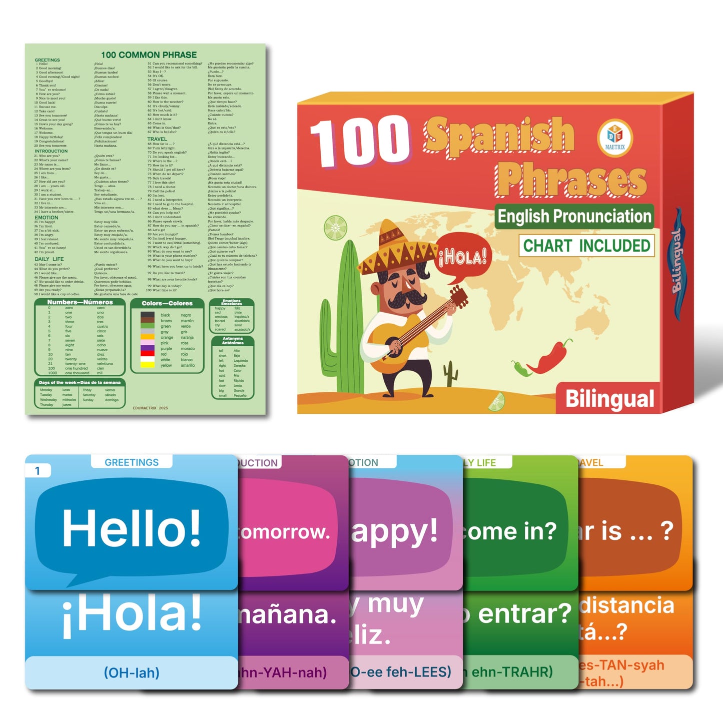 100 Spanish English Bilingual Phrases with English Prounciation Educational Flash Cards and Phrases Chart Learning Resource for Spanish Learner or Traveller Double-Sided 100 Cards (Each 4.4" X 2.8")