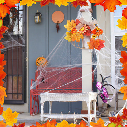 Fall Pumpkin Metal Wreath Frame, Pumpkin Shaped Wire Wreath Frame with Maple Leaves Fake Flowers Mini Pumpkin Berries, DIY 3D Pumpkin Frame for Indoor Outdoor Garden Home Kitchen Craft Decor