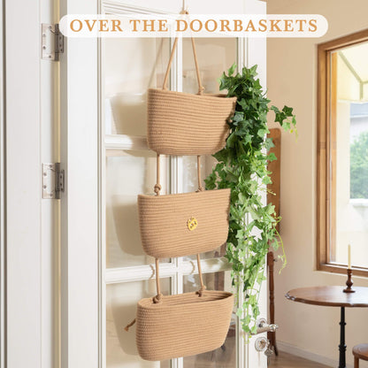 TeoKJ Over the Door Hanging Basket, 3-Tier Woven Cotton Wall-Mounted Storage Organizer Bag Decorative Hanging Nursery Baskets, Jute