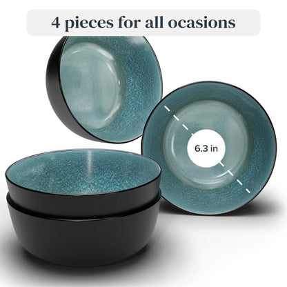 Stoneware large soup bowls set 4 pcs – 27 oz dark petrol blue pasta & cereal bowls 5.5" – Dishwasher and microwave safe – Modern kitchen bowl set – Dinner service Pure Living