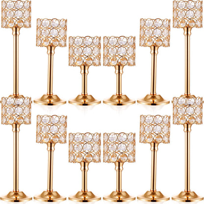 Mumufy 12 Pieces Crystal Candle Holders Set 3 Sizes Tall Crystal Wedding Candlestick Holders Pillar Candelabra Stand for Table Centerpieces for Christmas Party Wedding Dining Decoration (Gold)