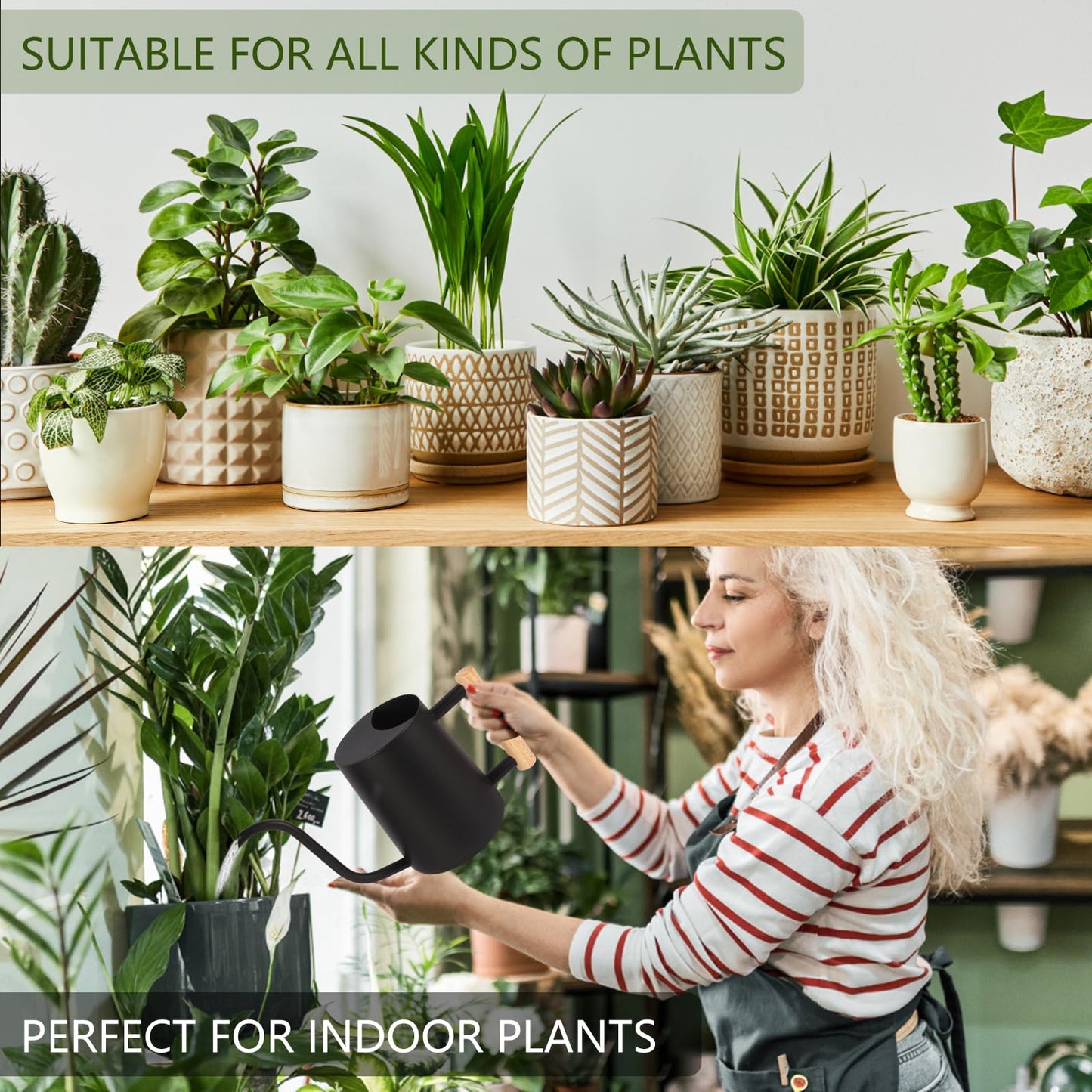 GUKJOB Plant Watering Can,35oz Metal Watering Can,Stainless Steel Indoor Plants with Long Curved Spout,Small Bonsai Outdoor Garden Modern Decorative(Black)