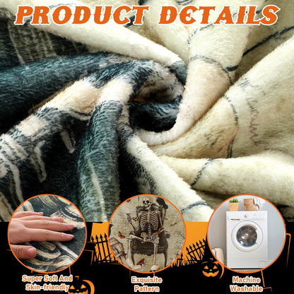 Breling Gothic Throw Flannel Blanket Ghost Skeleton Cozy Fuzzy Warm Throw Blanket Gothic Punk Themed Print for Winter Couch Sofa Bed Home Decor 60"x50"