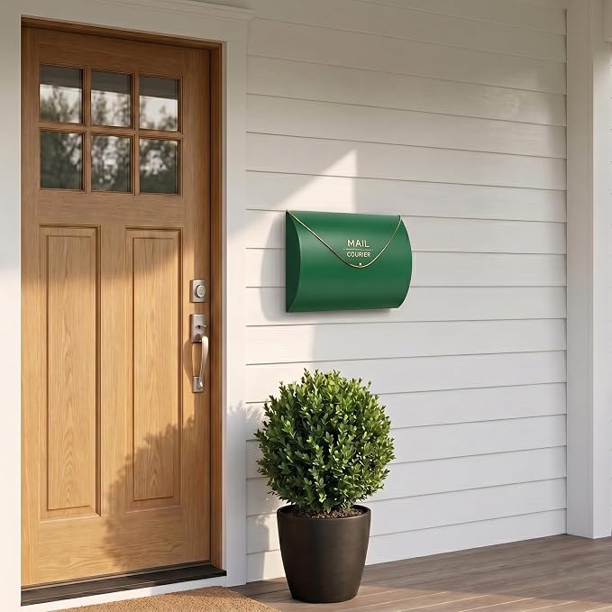 Green Wall Mount Mailbox for Outside,Waterproof Metal Mailboxes with Rust-Proof Galvanized Steel,Large Capacity Envelope Mailbox for House,12.99 x 10.35 x 3.5 Inch