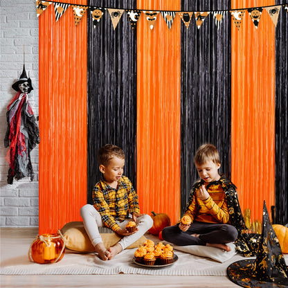 4 Pack Black and Orange Tinsel Foil Fringe Curtains, Halloween Party Photo Backdrop Streamers Backdrop for Birthday Anniversary Party Halloween Party Decoration