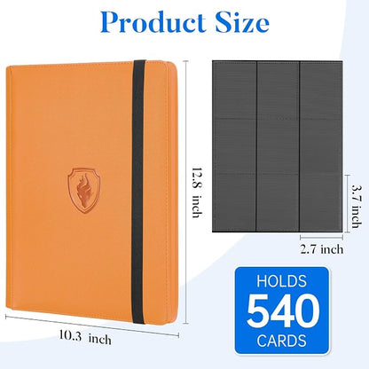 Premium 9 Pocket Card Binder for 540 Cards, Fabmaker PU Cover Trading Card Binder, Sturdy Card Collection Album, Sleek Card Holder Folders for Game Cards & Sports Cards, Orange