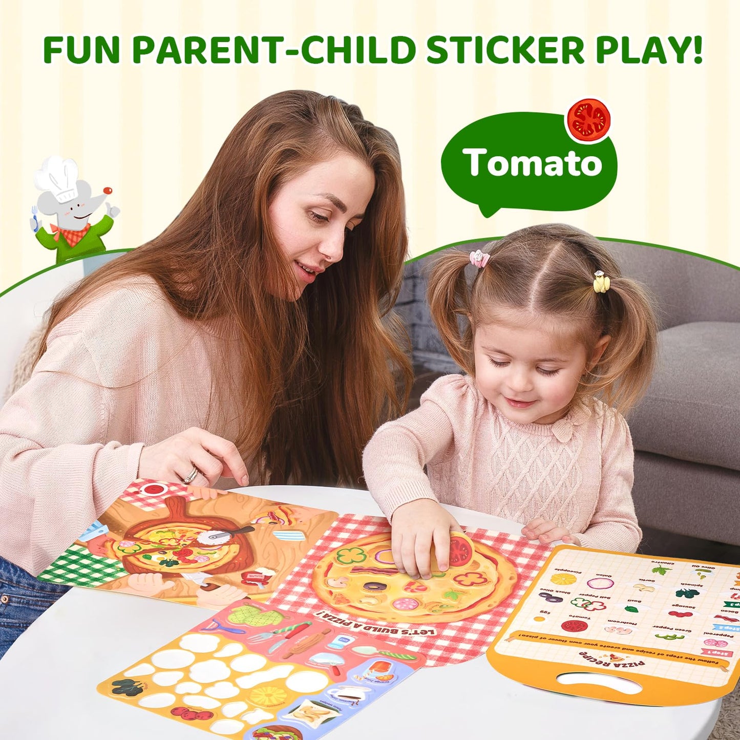 JoyCat Reusable Sticker Book - Stickers for Toddlers, Kids Sticker Activity Book, Travel Toys for Road Trip, Car & Airplane, Educational Learning Gifts for Boys and Girls Ages 3-5 (Pizza-Making)
