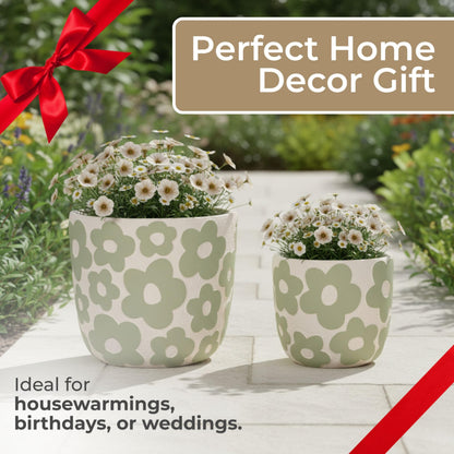 Sagebrook Home Set of 2 Cement Decorative Planter Pot Without Stand Pottery Outdoor & Indoor Plant Pot with Flower Pattern Minimalist Modern Garden & Home Decor Cement Planters 6" & 8", Light Green