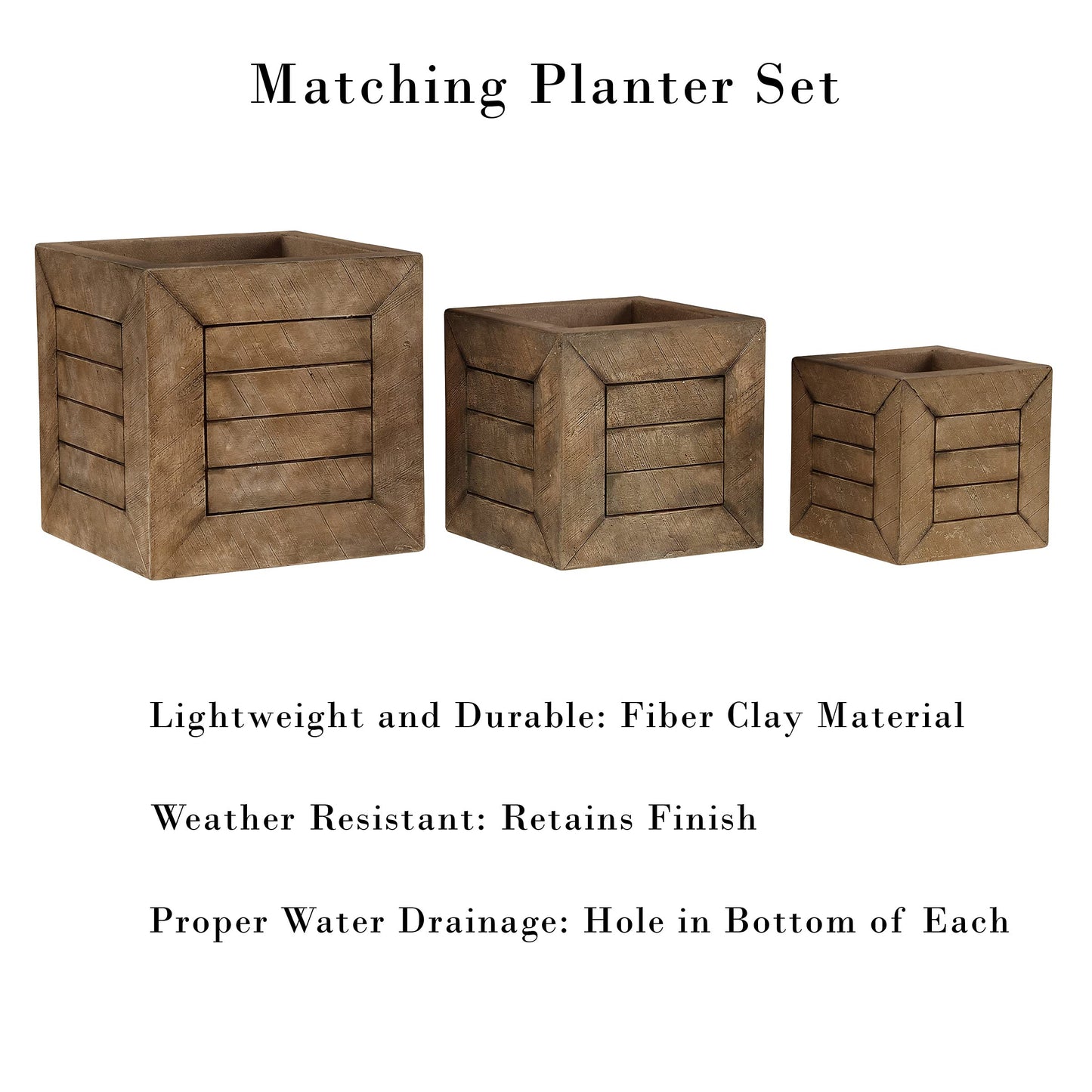 Pure Garden Plant Pots - Wood-Look Planter Set of 3-15.7”, 12.7” and 10” Square Large Outdoor Planters - Rustic Flower Pots Outdoor (Brown)