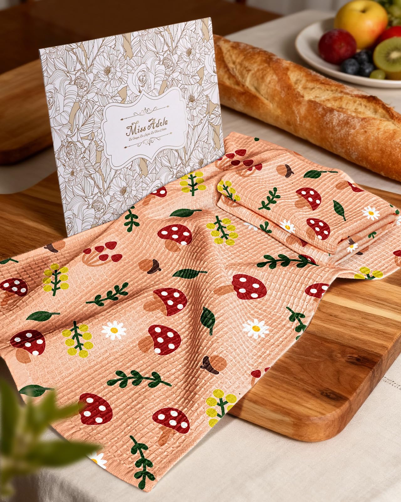 Miss Adola Cotton Waffle Kitchen Towels – Cute 370 GSM 16x25 Inch Terry Cloth Waffle Decorative Dishcloth for Kitchen Set of 2 with Hanging Loop Absorbent Hand Tea Towel for Home Design, Mushroom