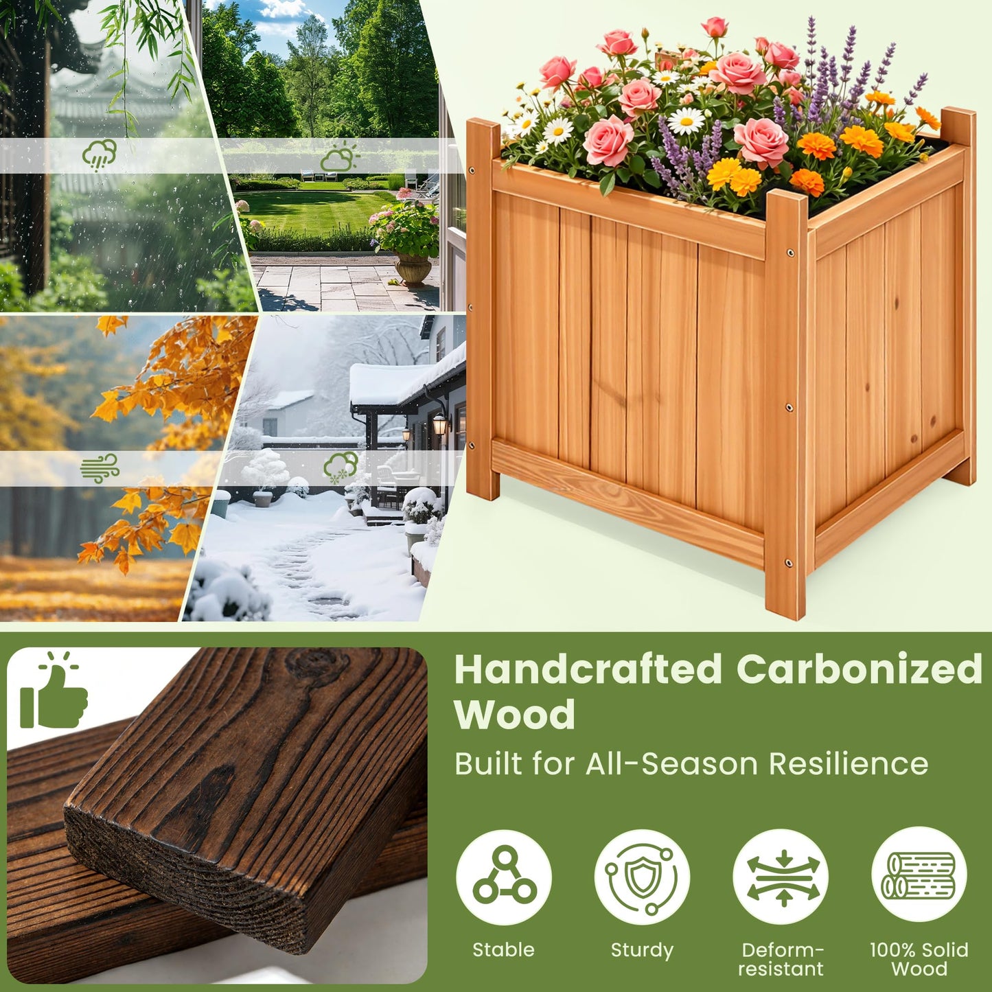 Ultym Set of 2 Wooden Planter Boxes Outdoor, 16.1" Square Fir Wood Flower Planters with Liner, Drainage Holes & Removable Bottom Board, Natural Wood Outdoor Bucket Planter for Patio Porch Yard Garden