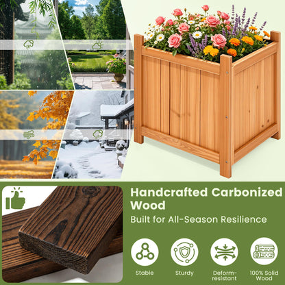 Ultym Set of 2 Wooden Planter Boxes Outdoor, 16.1" Square Fir Wood Flower Planters with Liner, Drainage Holes & Removable Bottom Board, Natural Wood Outdoor Bucket Planter for Patio Porch Yard Garden