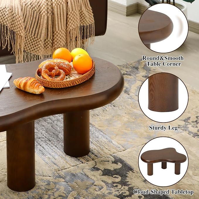 34"(L) Cloud Coffee Table, Modern Wood Coffee Table for Living Room, Accent Center Tables with 3 Legs, Small Tea Tables for Balcony, Patio, Bedroom, Walnut