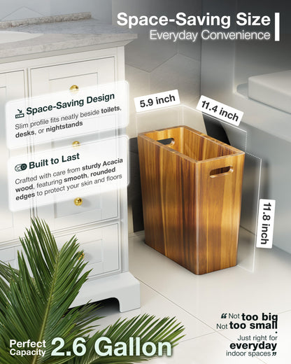 BLUEWEST 2.6 Gallons Wooden Wastebaskets – Solid Acacia Wood Trash Can with Handles, Rectangular Bin for Bathroom, Bedroom, Kitchen, Office – Brown Decorative Basket for Living Room or Under Counter