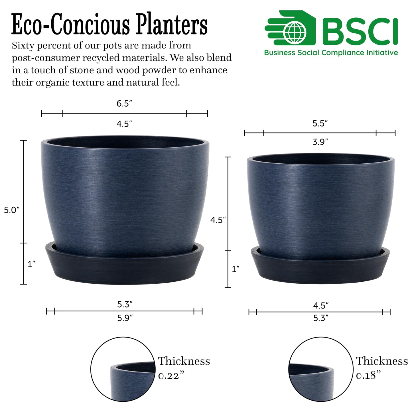 Kin 'n' Kind Set of 2 Minimalist Plant Pots (6.5" & 5.5") – Modern Indoor Planters with Drainage & Saucers & Plugs – Durable Eco-Conscious Composite, Indoor/Outdoor - Pacifica Wave Blue
