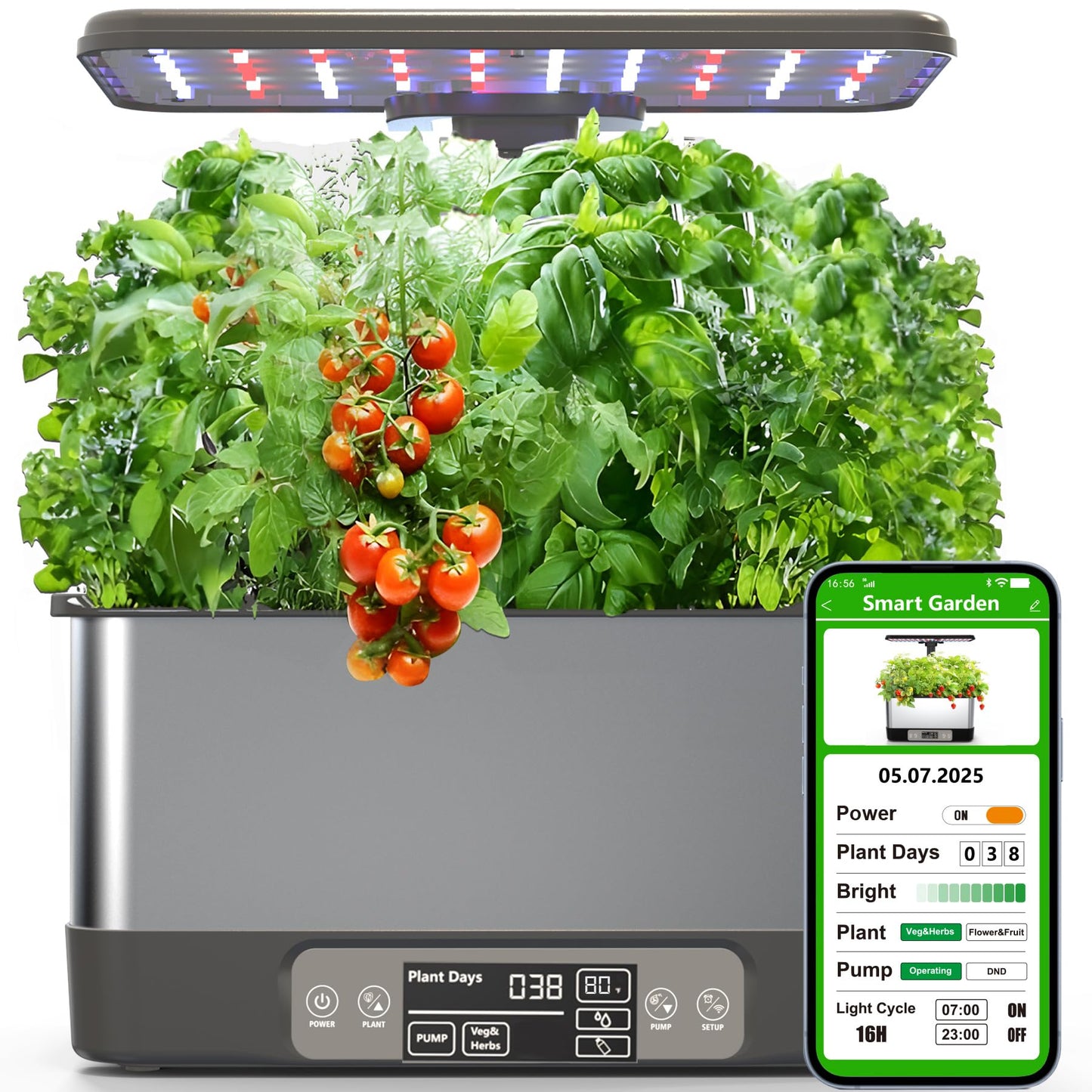 Hydroponics Growing System Indoor Garden, Smart Indoor Herb Garden with Grow Light, In door Gardening System 8 Pods, APP & WiFi Control, Auto Timer, Quiet Pump, Stainless, Gift for Women Mom, Gray