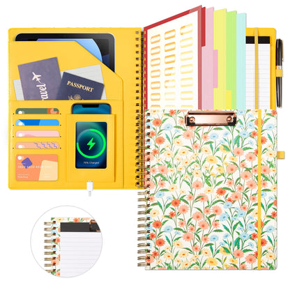 Ospelelf Clipboard with Storage for Men Women, Leather Padfolio Portfolio Organizer 5 Folders with 10 Pockets, Spiral Clipboard Folio with Notepad for Letter Size, Elastic Closure and Pen Loop Floral
