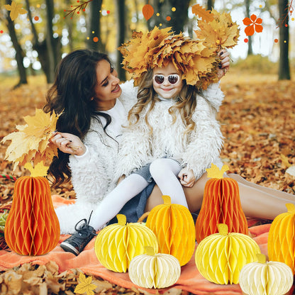 SUBBEAUTY 8 PCS Pumpkin Honeycomb Centerpieces Fall Pumpkin Party Decoration Thanksgiving Centerpieces for Tables Orange Honeycomb Decorations for Halloween Autumn Festival Party Decor