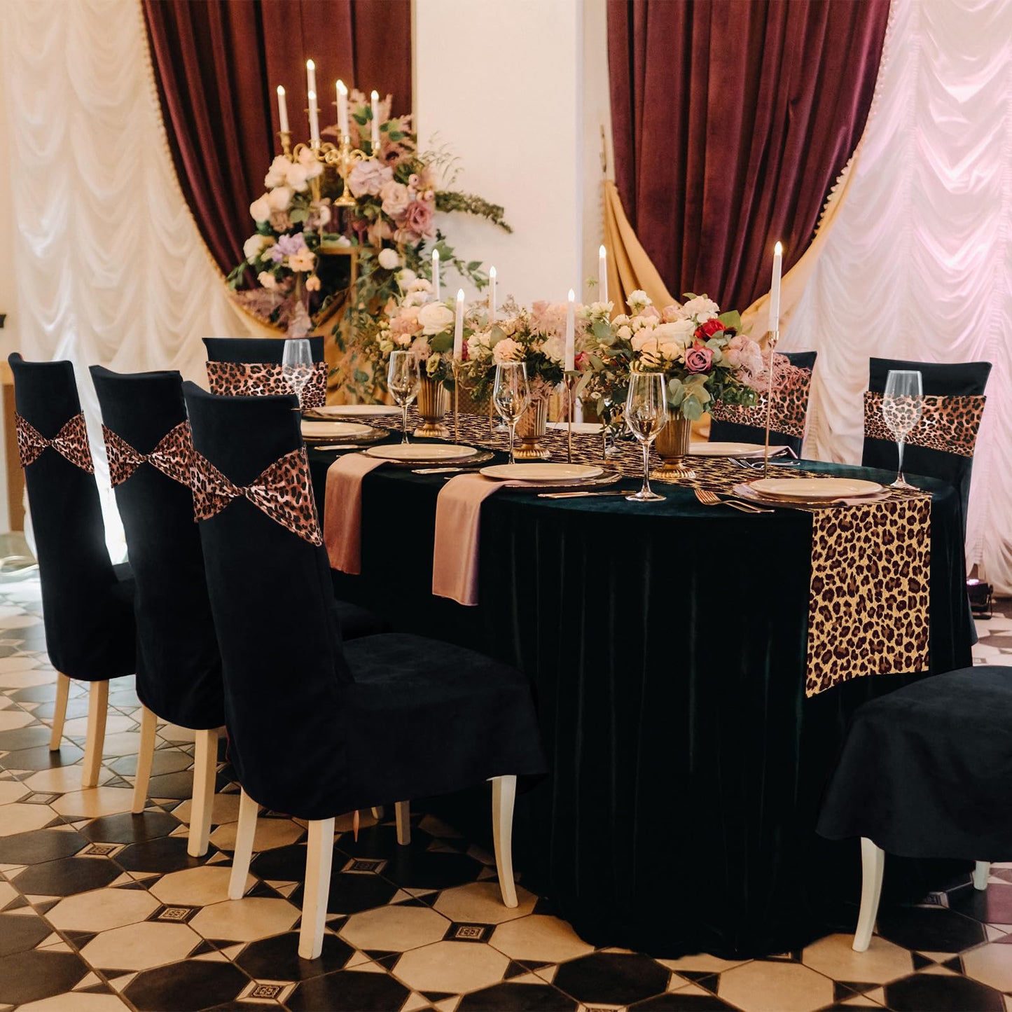 Newwiee 48 Pcs Spandex Chair Bands Animal Print Elastic Chair Sashes Bow Polyester Chair Cover Bands Ties Without Buckle for Animal Safari Jungle Theme Party Birthday Decor (Leopard Print)