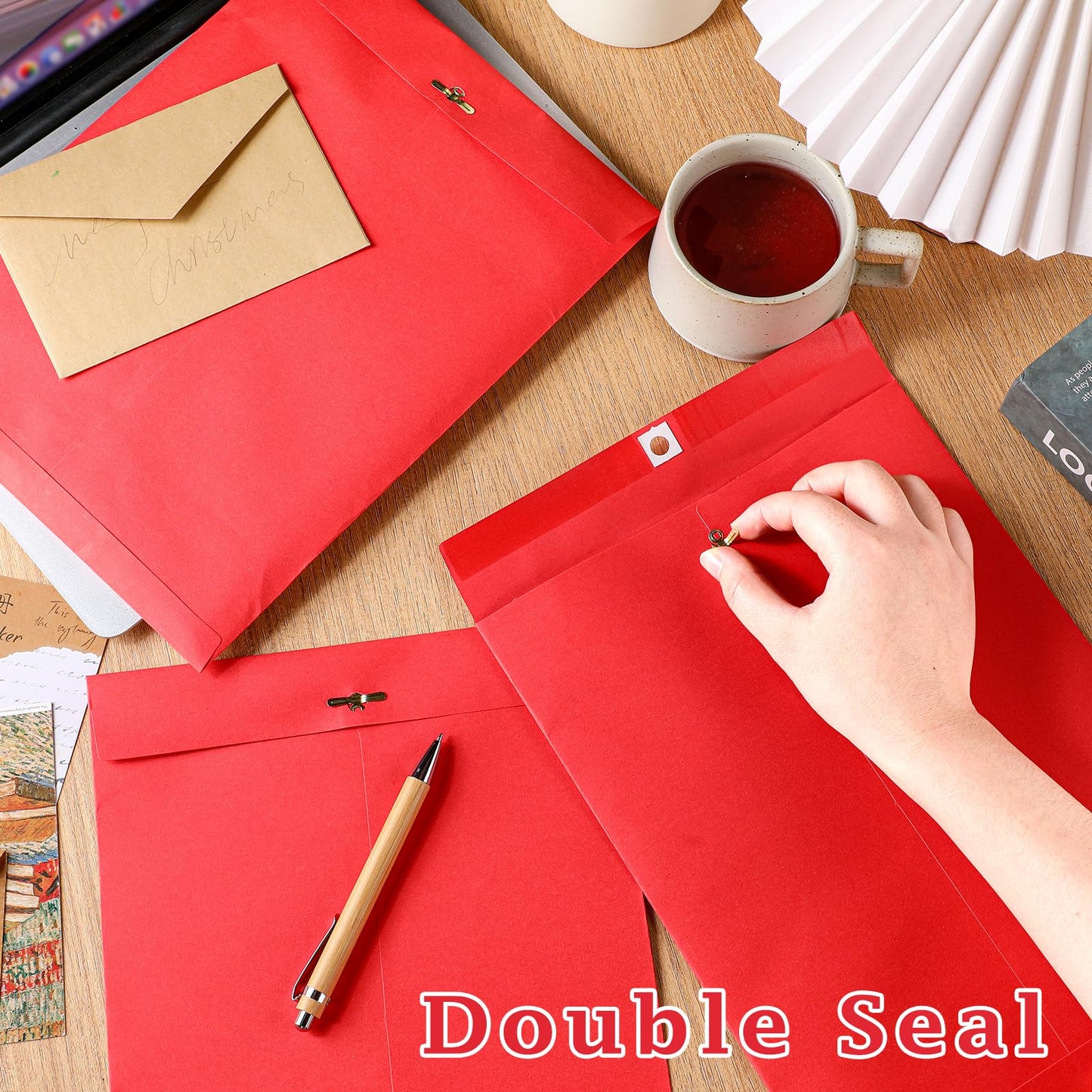 Mooliwe 150 Pcs Manilla Envelopes with Clasp 9 x 12 Red Kraft Catalog Envelopes Bulk Letter Size 28lb Heavy Duty for Home Office Business