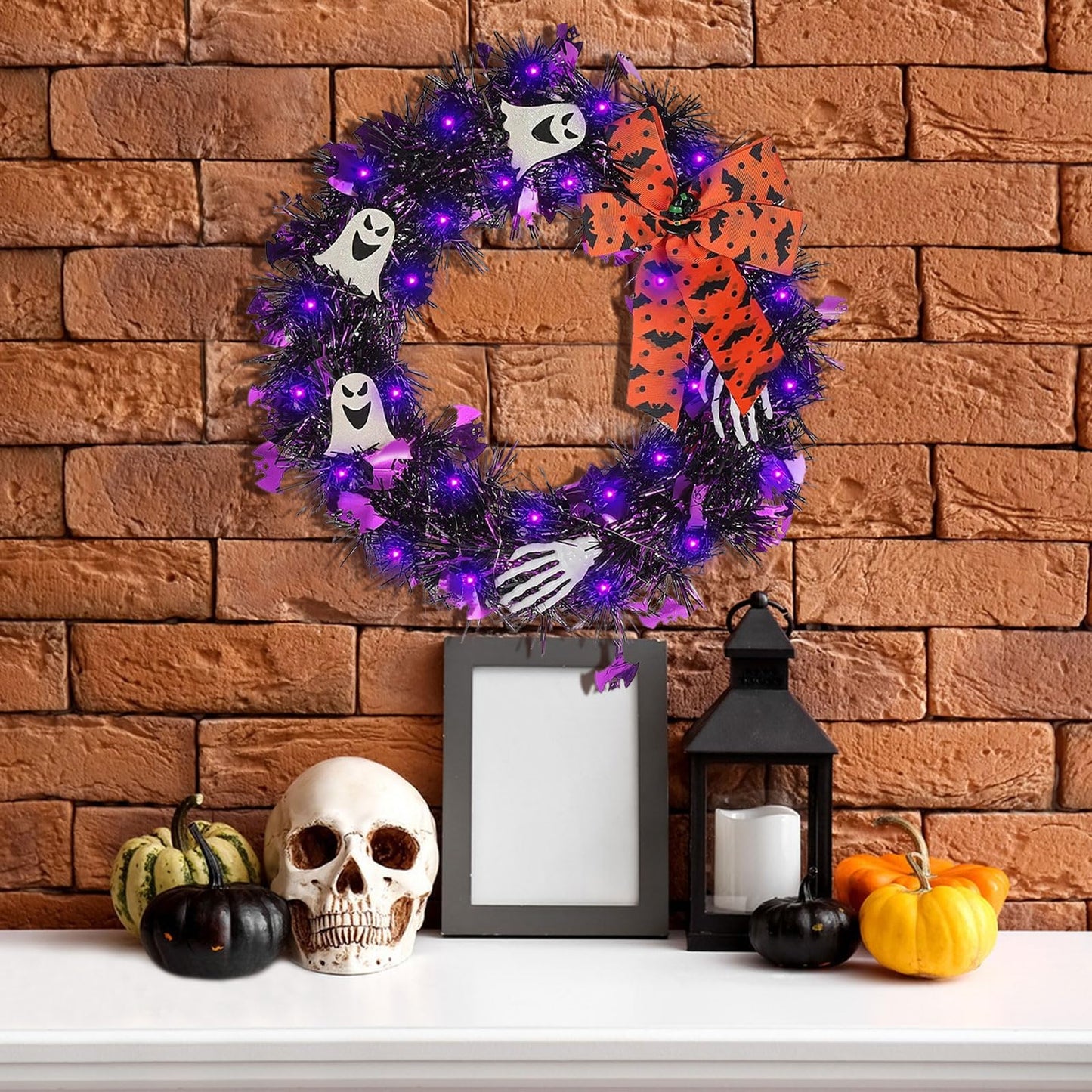 Halloween Wreath for Front Door with Lights,13 Inch Ghost Wreath Halloween Decorations for Indoor Window Party Holiday Wall Home Decor (Ghost)