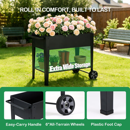 FOYUEE 31.5" Tall Raised Garden Bed with Wheels, Extra 15.7" W Planter Box (400 lbs Loads) with Storage Shelf & Handle,Heavy Duty Metal Garden Planter for Vegetables, Herbs & Flowers, Patio & Balcony