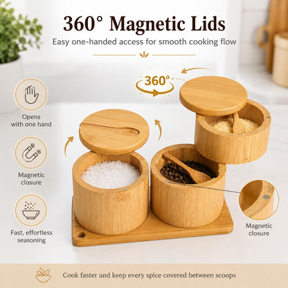 Bamboo Salt Cellar Set with Tray, Single & Double-Tier Salt and Pepper Cellar with Spoon & Magnetic Swivel Lid, 16 Labels, Spice Containers for Salt, Sugar, Pepper, Spices, Kitchen Organizer 9OZ Each