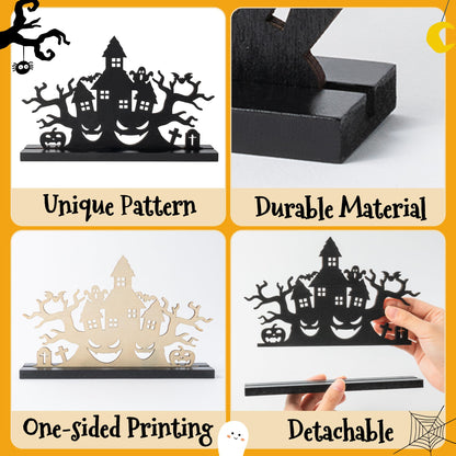 WATINC Halloween Wooden Centerpiece Decorations - Haunted House Witch Tree Silhouette Sketch Wood Tabletop Ornaments, Halloween Black Pumpkin Boo Desk Tiered Tray Decor for Home Kitchen Party
