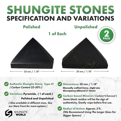 Shungite World 2 pcs Authentic Shungite Pyramids Set 30 mm / 1.18" Polished and Unpolished Real Shungite Stones Crystal Pyramid Home Protection Room Office Desk Decor Authentic Black Crystals