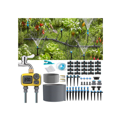 TRJZWA 150FT Drip Irrigation System Kit with 2 Zone Water Timer for Garden,High-Flow Mainline Automatic Watering System,16PCS Adjustable Nozzles,Fast-Plug Tube for Agricultural Yard,Lawn,Greenhouse