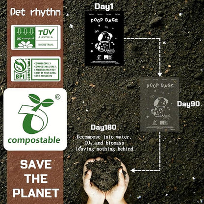 100% plant-based Dog Poop Bags Rolls, ASTM D6400 & EN 13432 Compliant, 240 Poop Bags including dispenser, 13 in × 9 in black poop bags for dogs, Super thick 100% leak proof