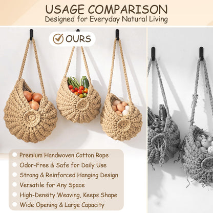 Qinyoung 3 Pack 14" 12" 10.5" Conch Wall Hanging Baskets for Kitchen Fruit Baskets with 3 Hooks Boho Decor Conch HangingWall Kitchen Storage for Fruits Vegetables Onions Potatoes