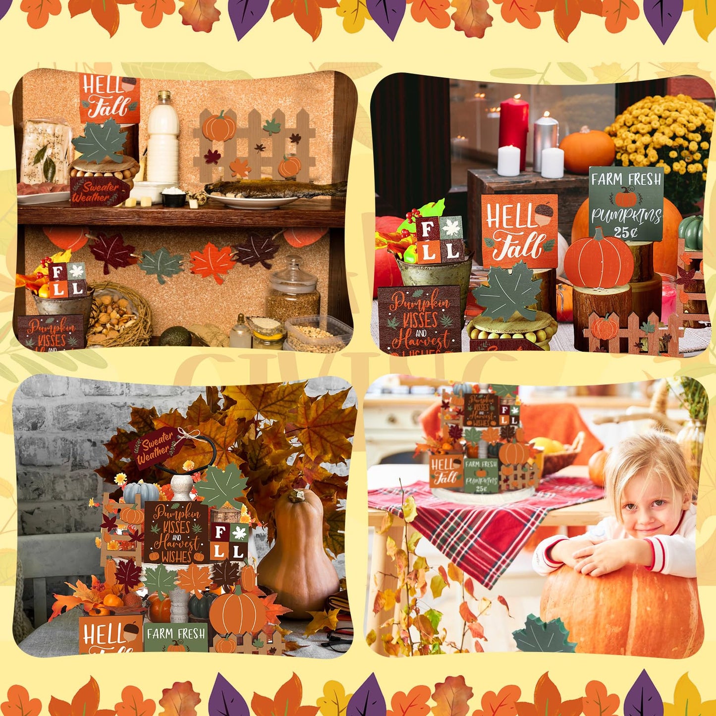 BBTO Set of 15 Fall Tiered Tray Decor Pumpkins Farmhouse Decor Autumn Maple Leaf Thanksgiving Table Centerpieces Harvest Wood Blocks Signs for Home(Fresh Style)