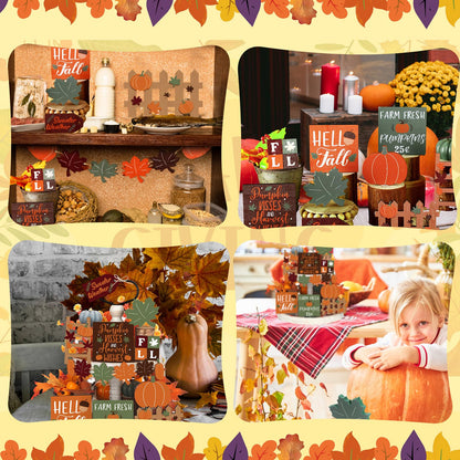 BBTO Set of 15 Fall Tiered Tray Decor Pumpkins Farmhouse Decor Autumn Maple Leaf Thanksgiving Table Centerpieces Harvest Wood Blocks Signs for Home(Fresh Style)