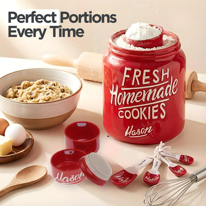 Mason Jar Ceramic Canister Set, Farmhouse Canisters Sets for the Kitchen Decor, Utensil Holder, Spoon Rest, Cookie Jar, Salt & Pepper Shaker, Sponge Holder, Measuring Cups & Spoons (Red, 17-Pc Bundle)