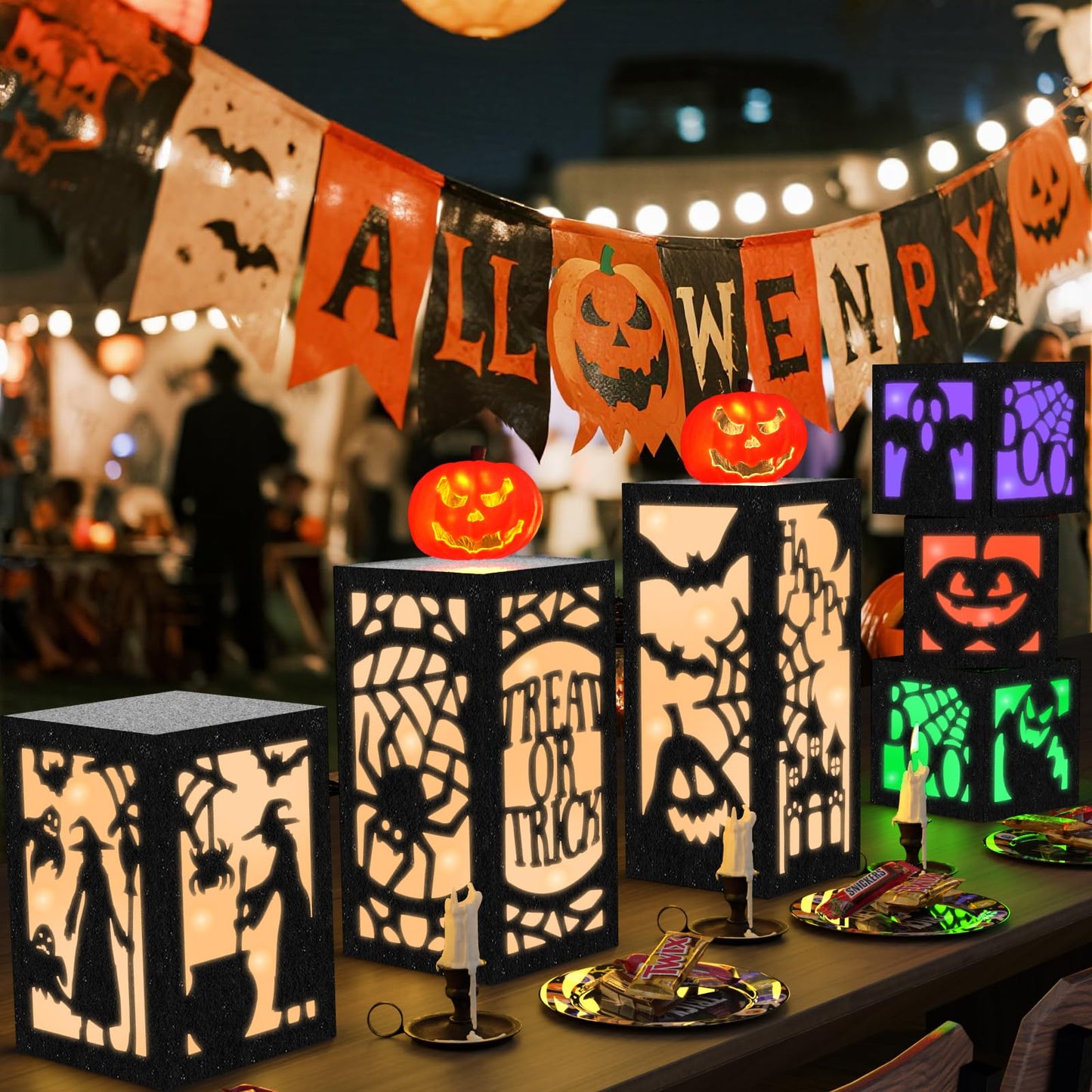 OuMuaMua 6 Pcs Halloween Table Decorations Indoor Halloween Table Centerpieces Boxes, Light up Paper Pumpkin Lanterns with Witch Spider Ghost Patterns for Spooky Party Supplies Home Decor