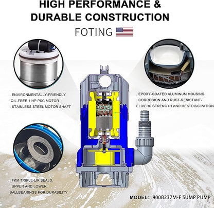 FOTING 1.5HP Sump Pump, 6300GPH High Flow Clean&Dirty Submersible Water Pump with Float Switch, Thermoplastic Electric Portable Utility Pump for Pool Draining Hot Tub Garden Basement