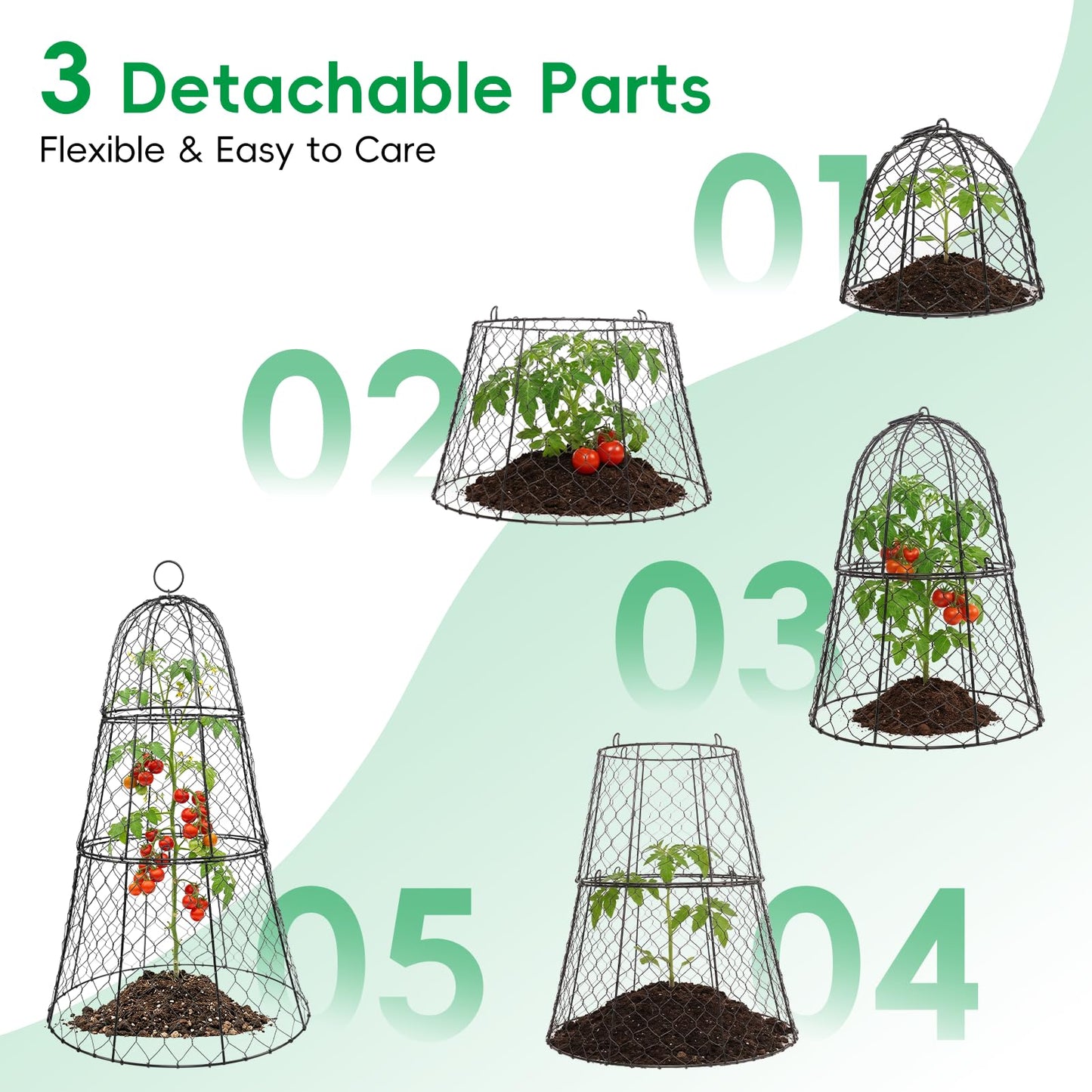 SPECILITE Garden Cloches for Plants with 3 Split Design, Rustproof Chicken Wire Cloches, Plant Protectors from Animals, Sturdy Plant Cage with Ground Stake for Garden, Farm, 14"×14"×20", 6 Pack