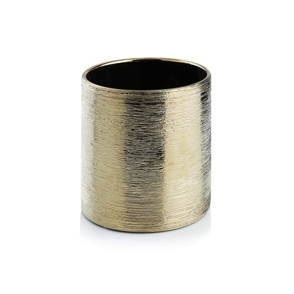 WGVI Gold Etched Ceramic Cylinder Vase Width 3.75" Height 4", Flower Arrangements, Candle Holder, Terrarium Planter Pot, Storage Container Organizer, Pen Brush Holder, Scratched Texture, 1 Piece