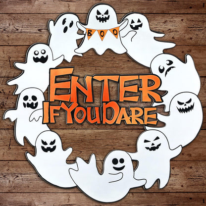 MorningRo Metal Ghost Wreaths for Front Door Halloween Hanging Wreaths Halloween Boo Enter If You Dare Hanging Welcome Sign for Porch Wall Home Outdoor, 13 Inch