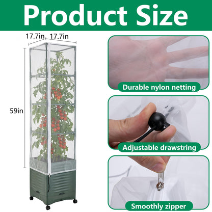 2 Pcs Garden Bird Netting Plant Cover for Square Tomato Cage, 59" x 17.7" Insect Bird Barrier Tomato Cage Net with Zipper & Drawstring, Tomato Trellis Netting Protection Cover for Protecting Plants