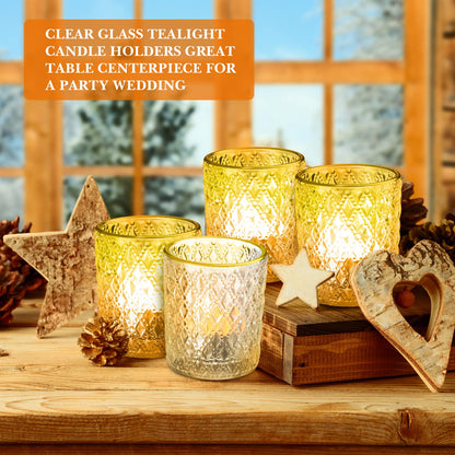 Set of 24 Glass Votive Candle Holders Clear Tealight Candle Holder with Gold Rim Embossed Tealight Holder Tea Light Candle Holders for Table Centerpiece, Wedding, Birthday, Holiday Decoration