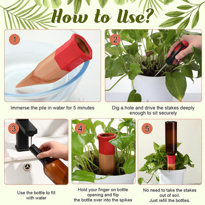 SiliFine 6 Sets Plant Watering Devices Include Terracotta Self Watering Spikes and 26 oz Plastic Bottles, Slow Release Vacation Insert Automatic Plant Waterer Device (Brown and Mixed Color)