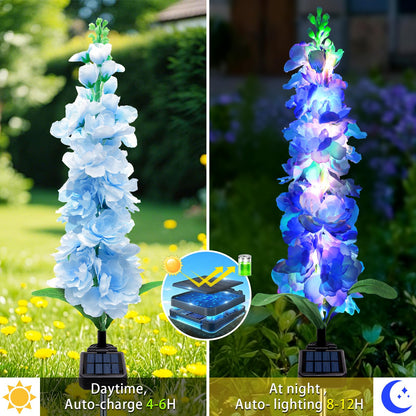 MRHEPHAESTUS Solar Garden Lights, Solar Blue Delphinium Flowers Lights 4 Pack 80 LEDs, Waterproof Outdoor Light Two Lighting Modes for Outside Wedding Party Garden Yard Patio Lawn Decor