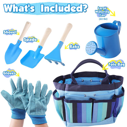 Kids Gardening Tools Set, Toddler Play Kit Child Outdoor Toy with Gloves, Watering Can, Metal Shovel, Rake, Spade & Storage Bag, Backyard Sand Digging Holiday Birthday Gift for Boy Girl 3 4 5 (Blue)